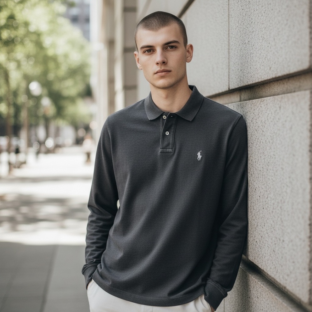 Polo Ralph Lauren Long-sleeve Polo Shirt Charcoal Gray Cotton Size L